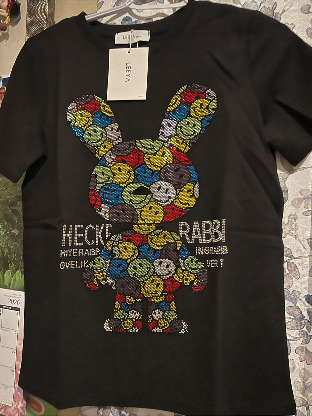 LEEYA Black Rhinestone Bunny Graphic T-Shirt Multicolor Bling NWT